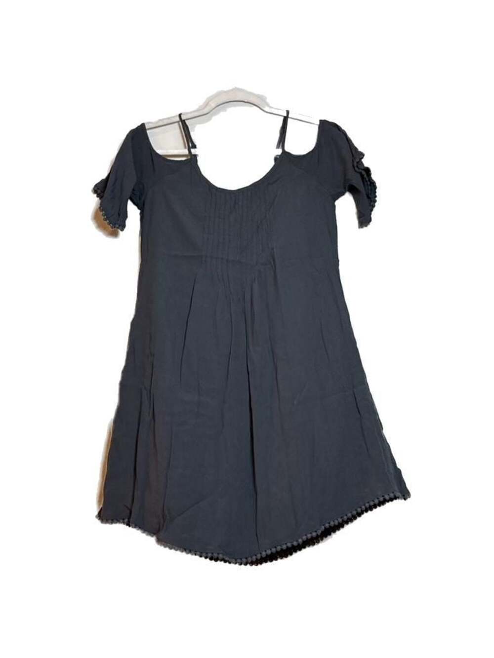 L Patrons of Peace Grey Cold Shoulder Pom-Pom Trim Mini Dress